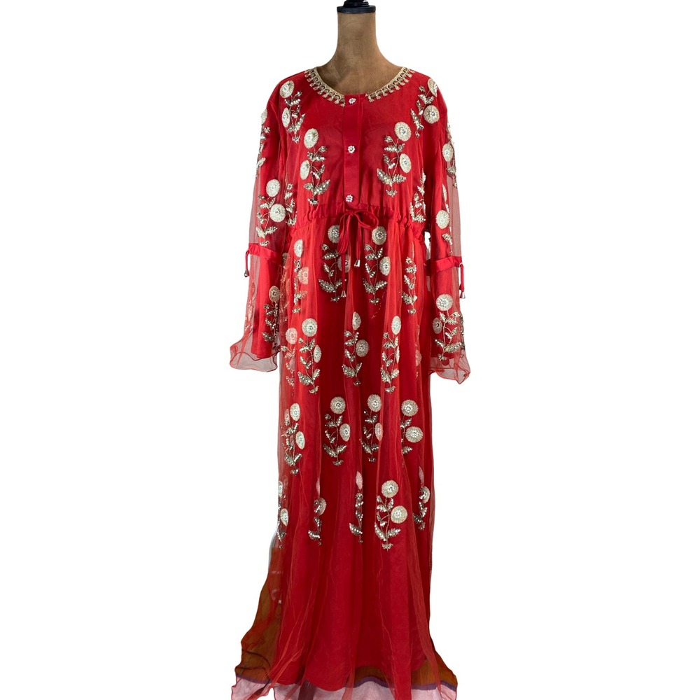 Baraa Fashion Red Embroidered Kaftan Maxi Dress  3XL Egypt Arabic Beaded Formal